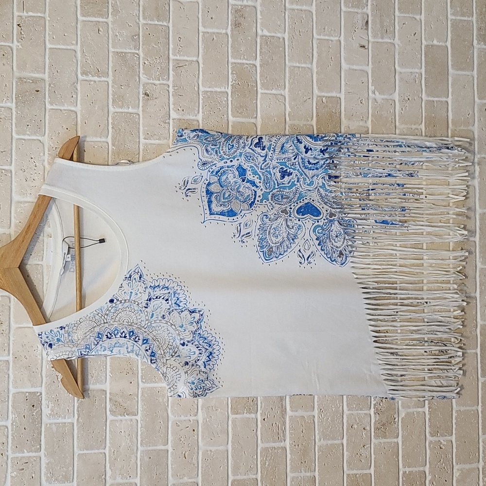 New Desigual Women's White and Blue Sleeveless Fringe Hem Top (Sz M)